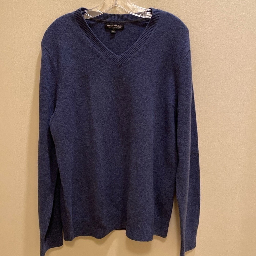 Banana Republic Italian Extra Fine Merino Wool V Neck L/S Sweater Mid Blue Sz L